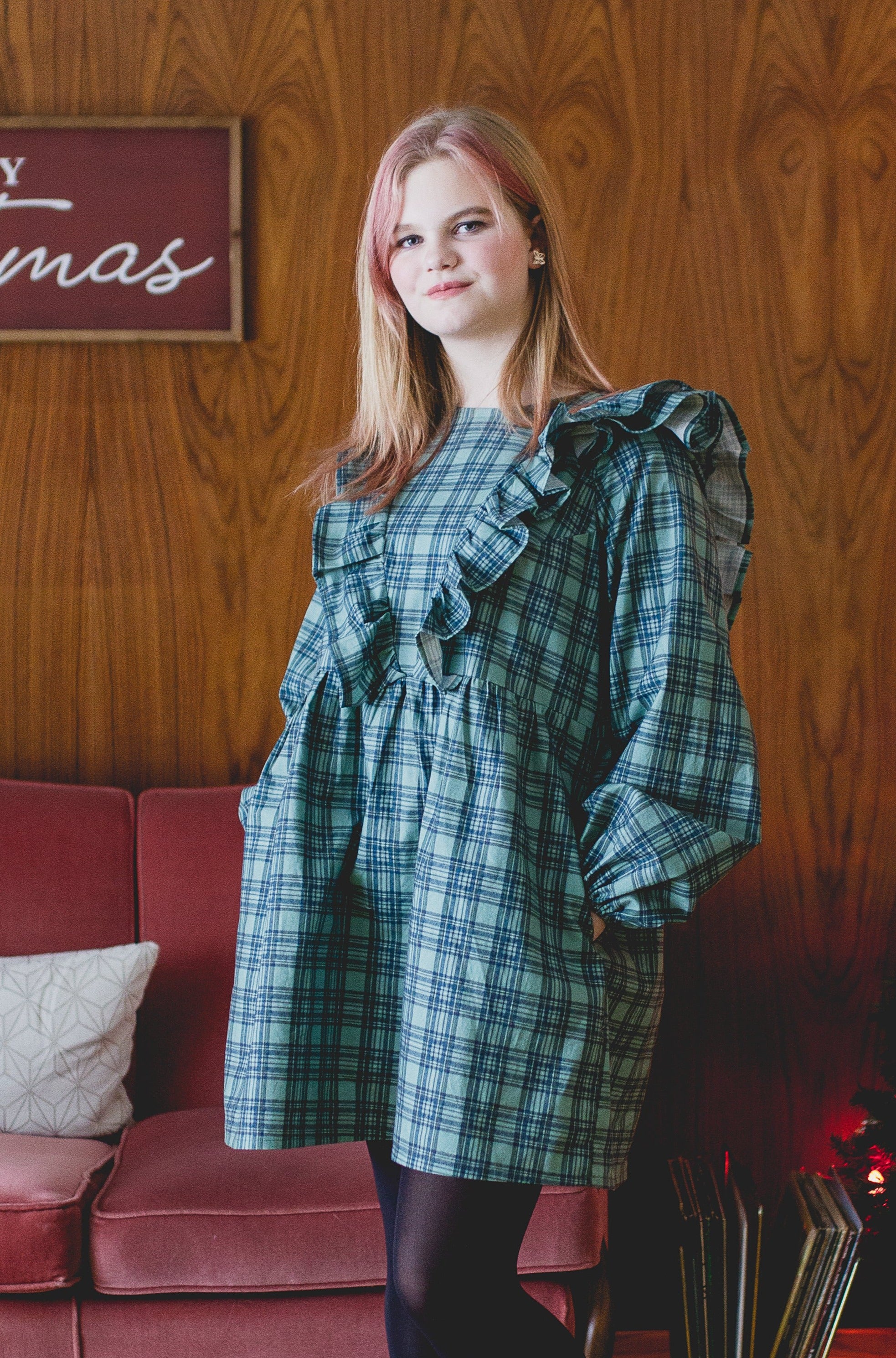 Holiday Ruffle Dress in Festive Plaid