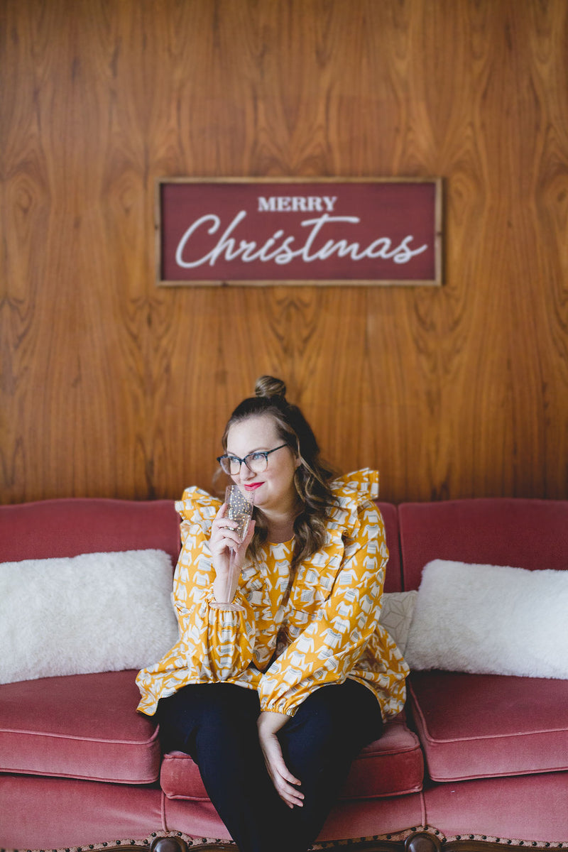 Custom Holiday Ruffle Top in Mustard Sweaters