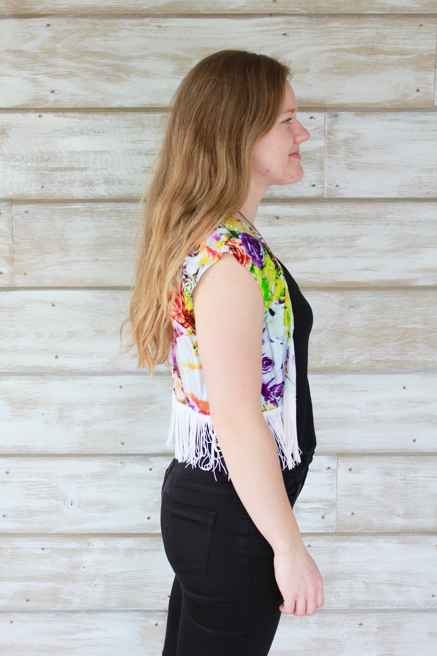 XS/S Cropped Boho Fringe Shrug - Neon Floral