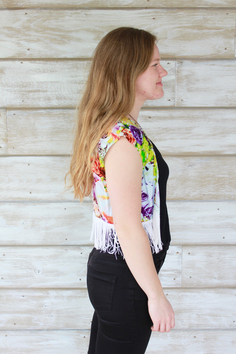 XS/S Cropped Boho Fringe Shrug - Neon Floral