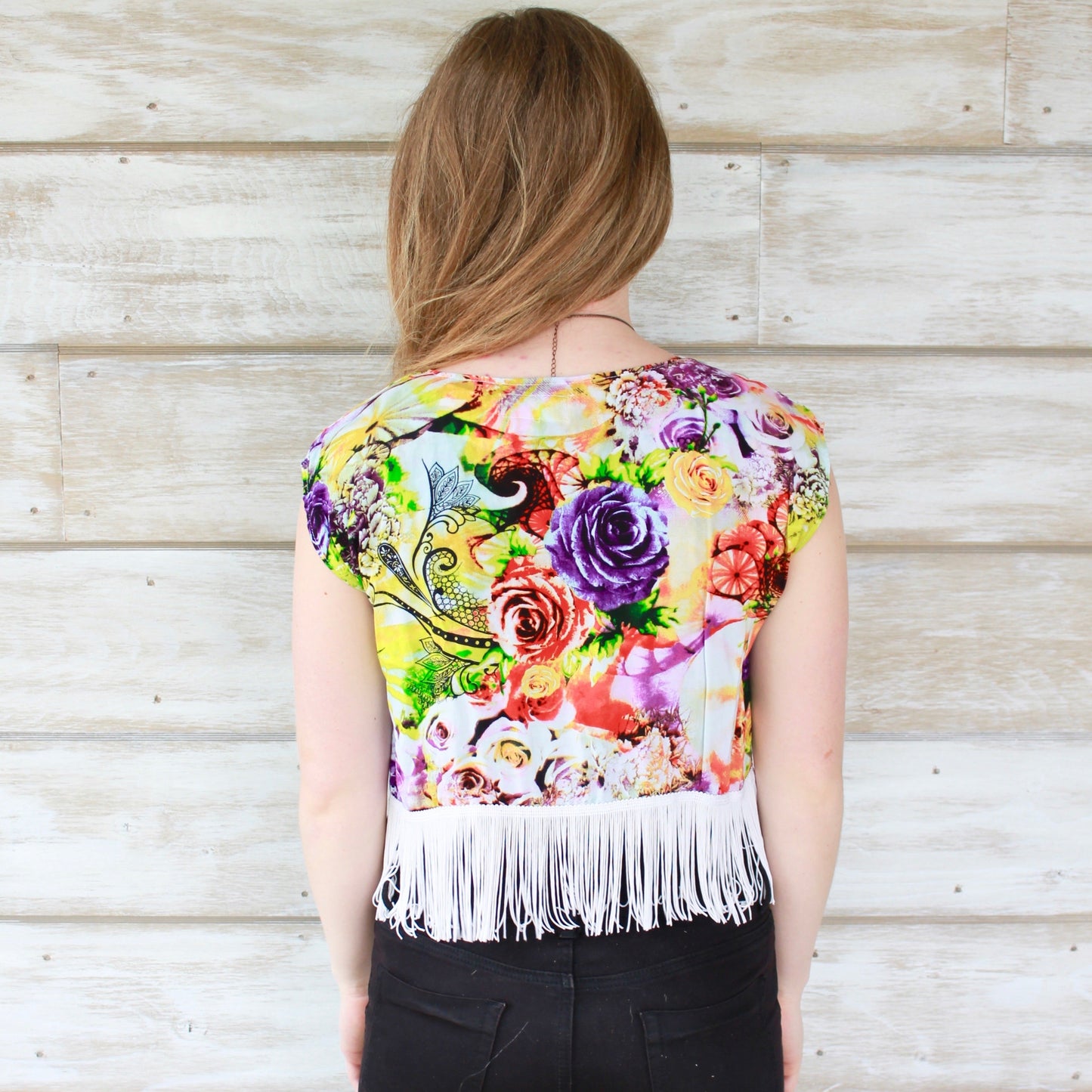 XS/S Cropped Boho Fringe Shrug - Neon Floral