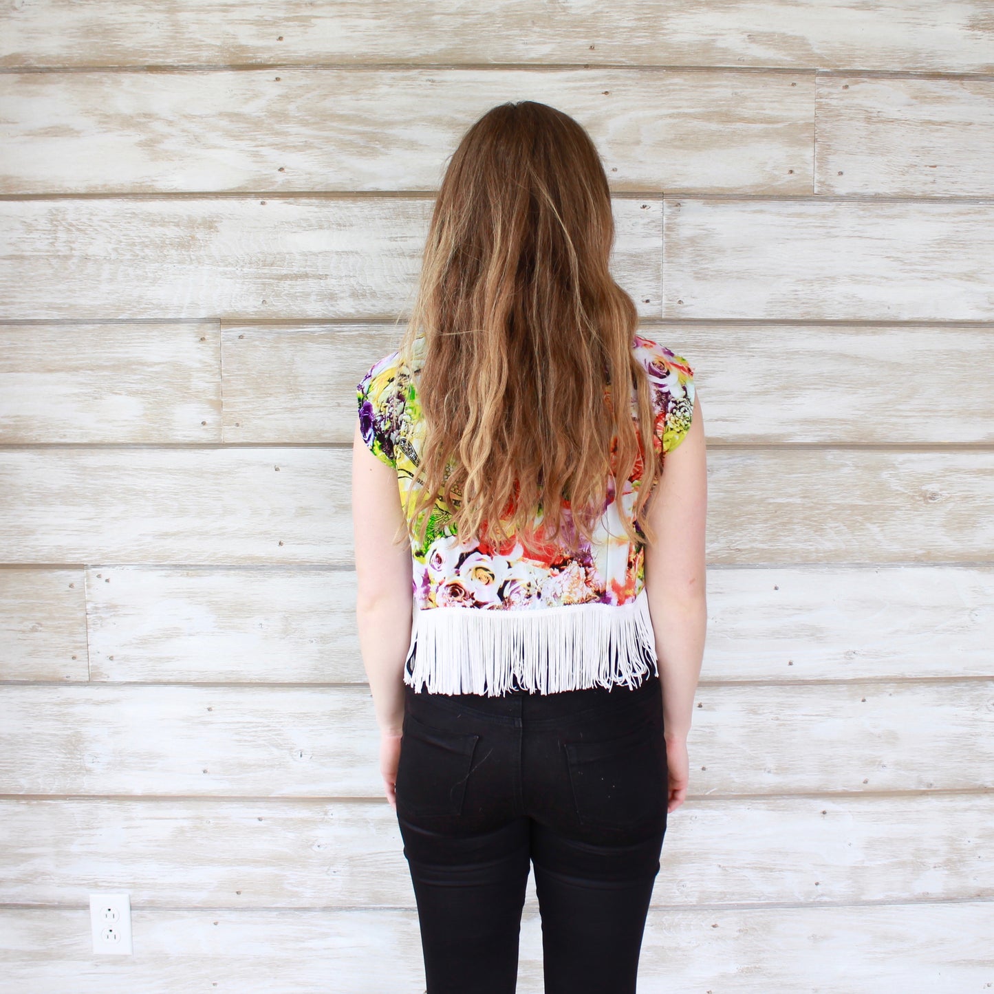 XS/S Cropped Boho Fringe Shrug - Neon Floral