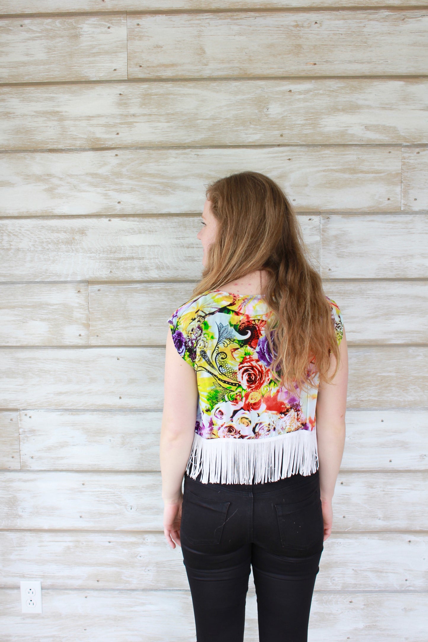 XS/S Cropped Boho Fringe Shrug - Neon Floral