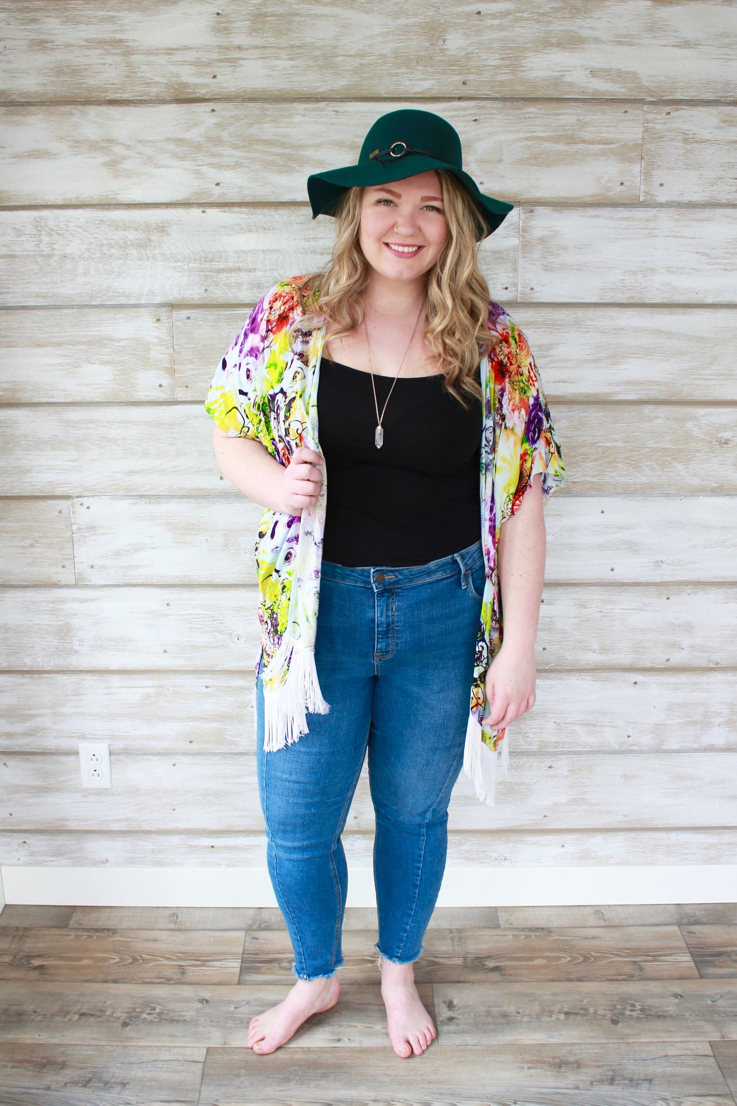 ONE SIZE - Boho Kimono with Fringe - Neon Splash