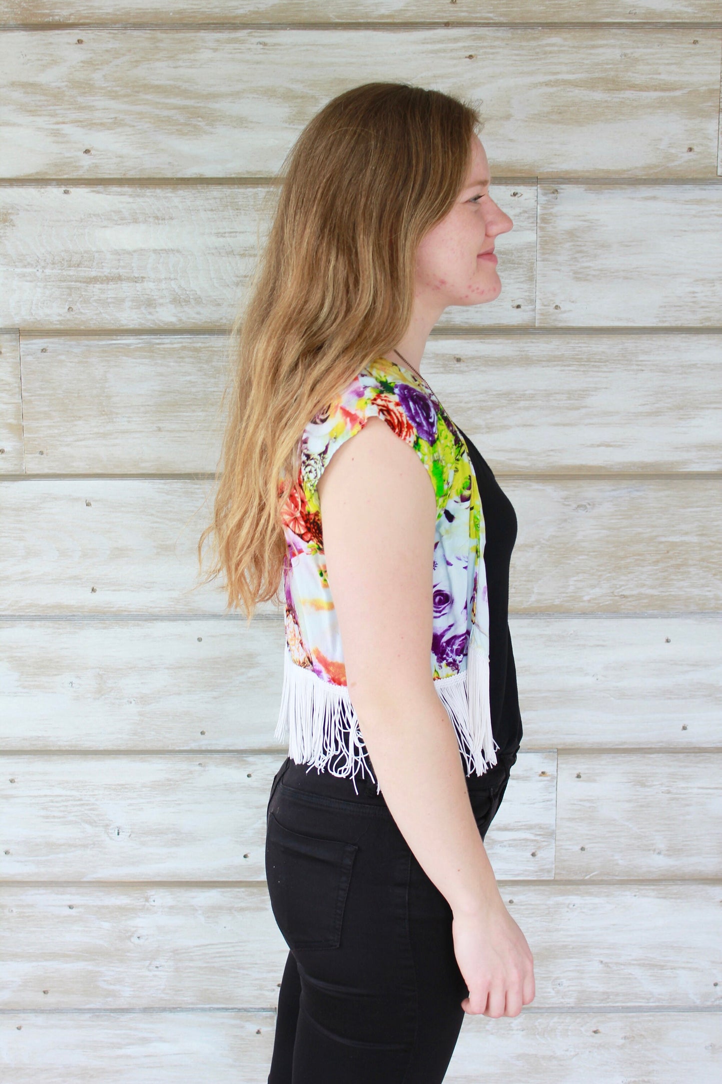 XS/S Cropped Fringe Kimono - Neon Splash