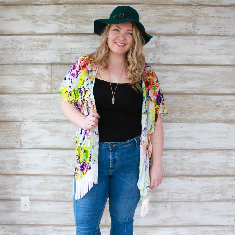 ONE SIZE - Boho Kimono with Fringe - Neon Splash