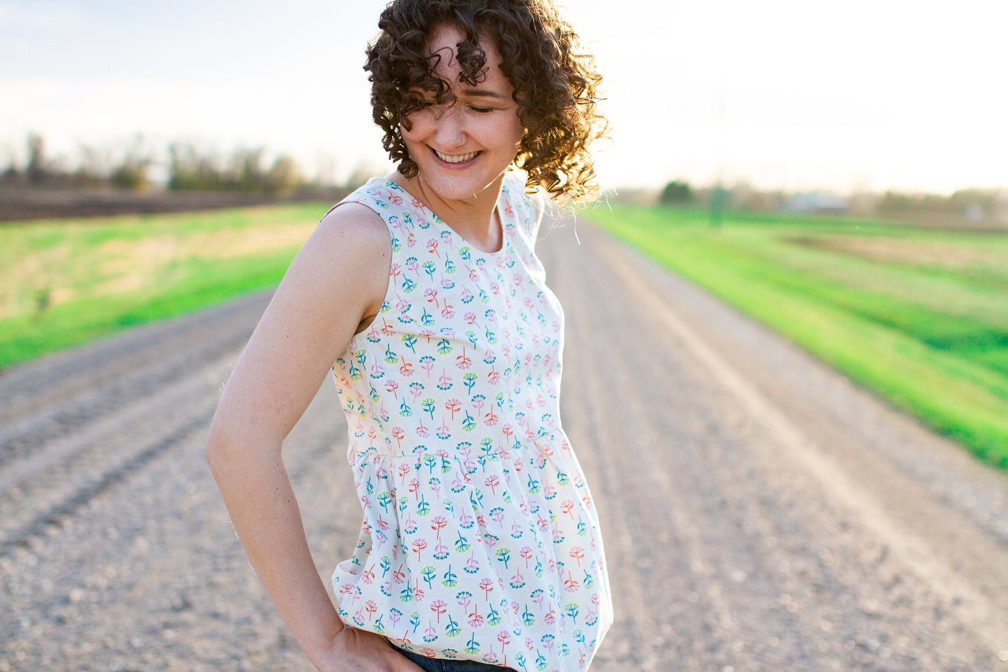 S - White Cotton Summer Tank Top with Neon Floral Print