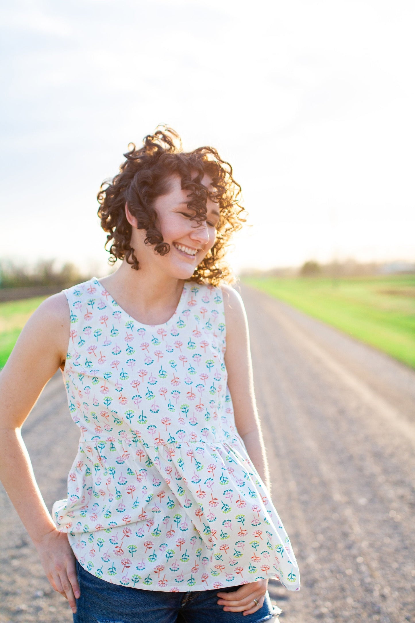 S - White Cotton Summer Tank Top with Neon Floral Print