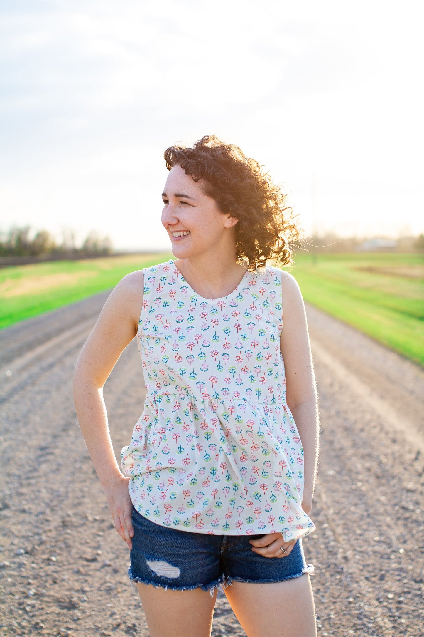 S - White Cotton Summer Tank Top with Neon Floral Print
