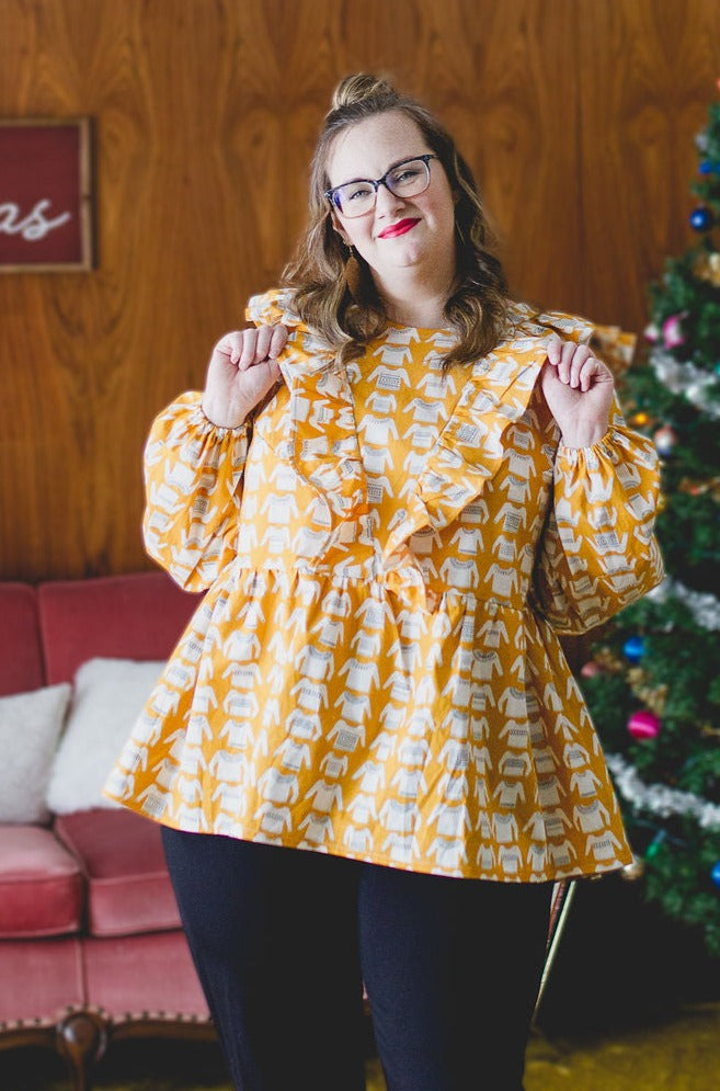 Custom Holiday Ruffle Top in Mustard Sweaters