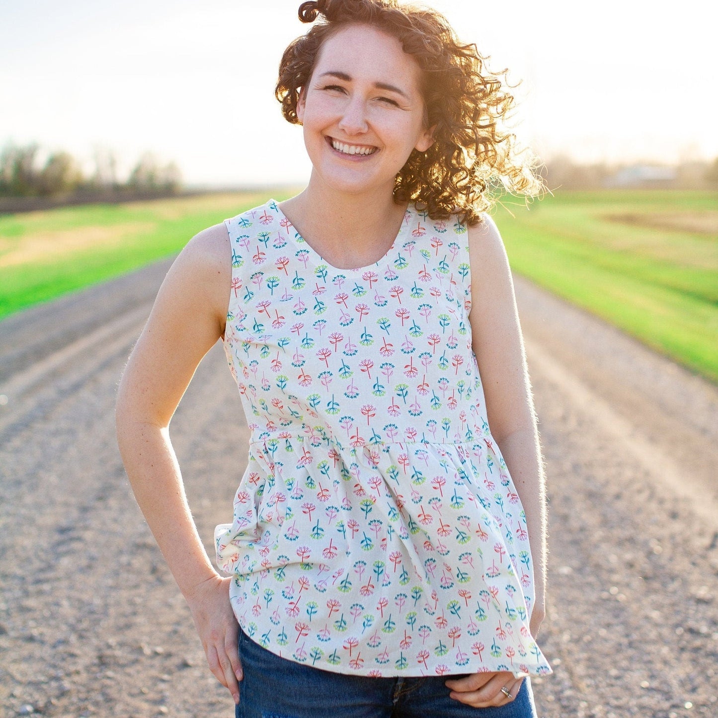 S - White Cotton Summer Tank Top with Neon Floral Print